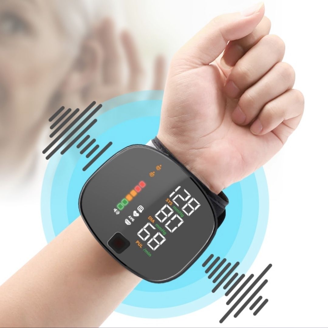 Rechargeable digital wrist blood pressure monitor with backlit LCD