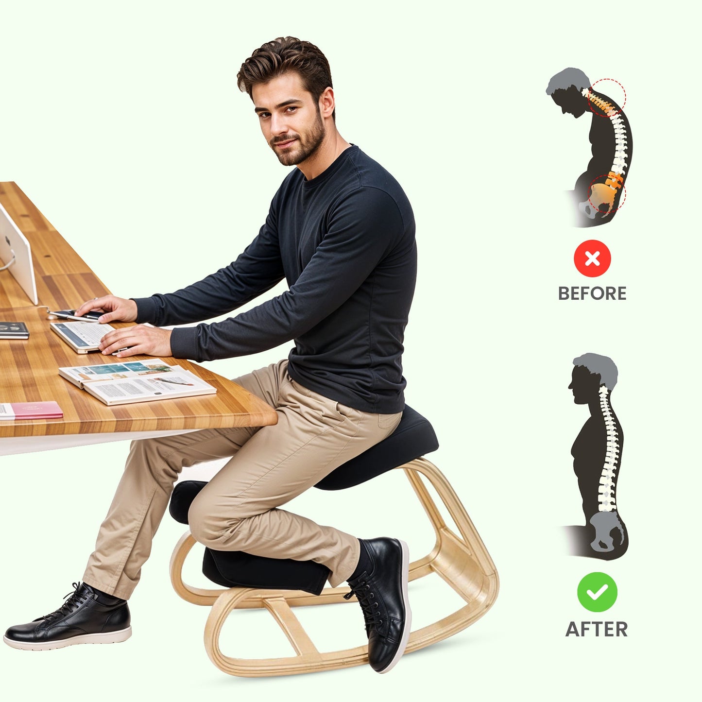 Ergonomic wooden kneeling chair posture rocker stool