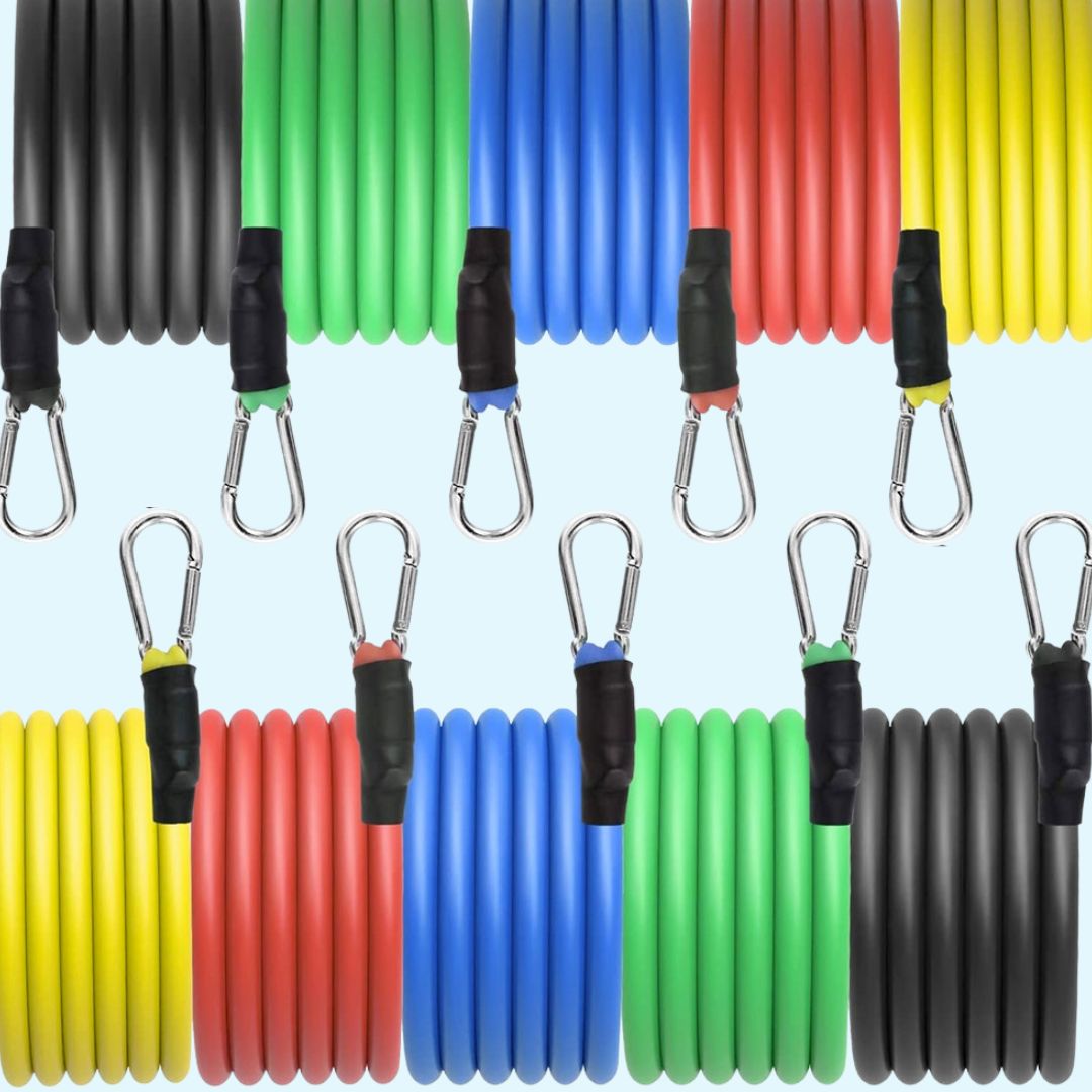 11-piece stackable latex resistance bands set with door anchor and ankle straps