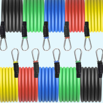 11-piece stackable latex resistance bands set with door anchor and ankle straps