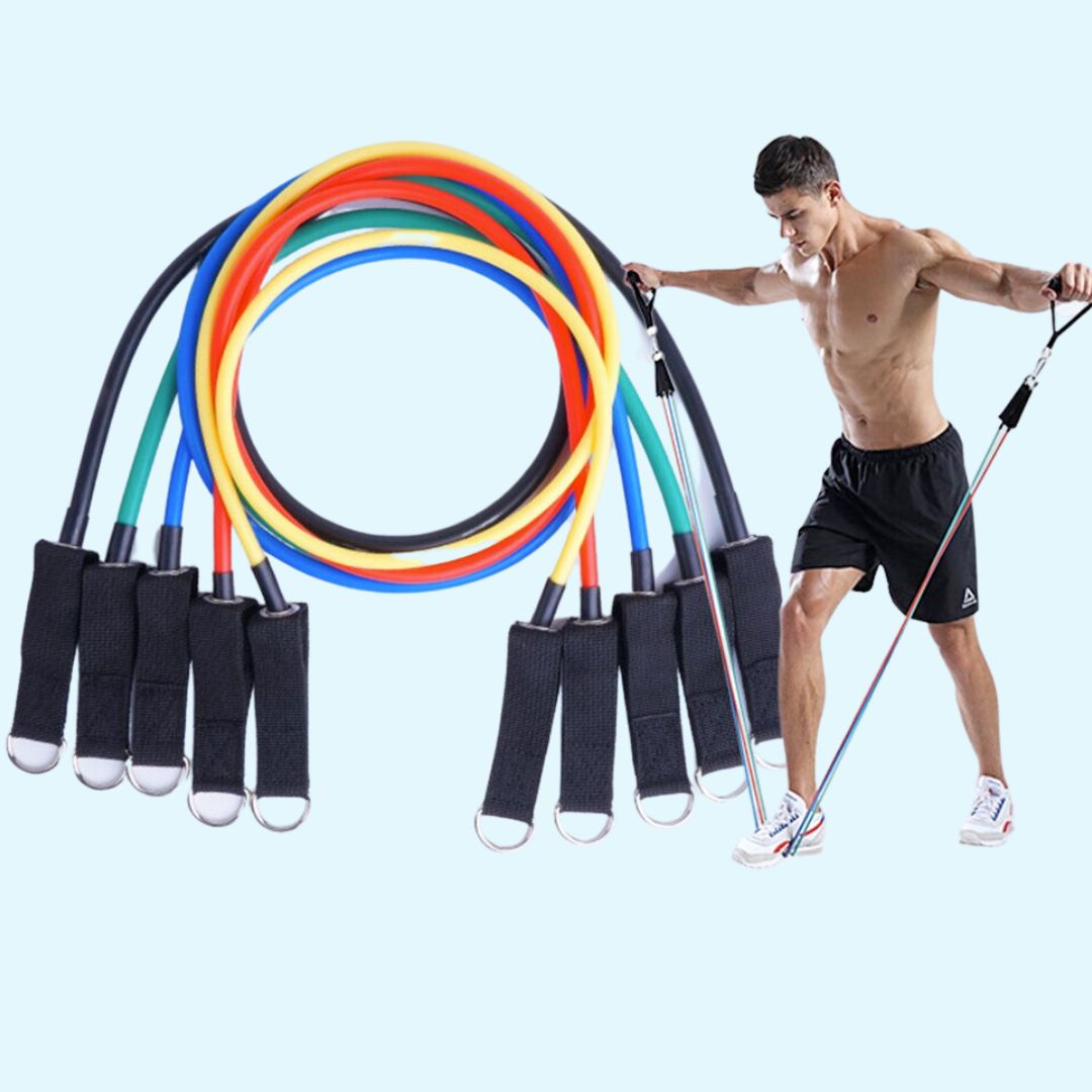 11-piece stackable latex resistance bands set with door anchor and ankle straps