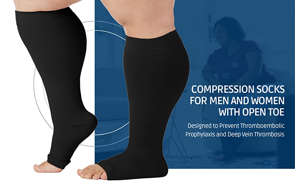 Plus-size open-toe 20-30mmHg compression socks for wide calves and edema