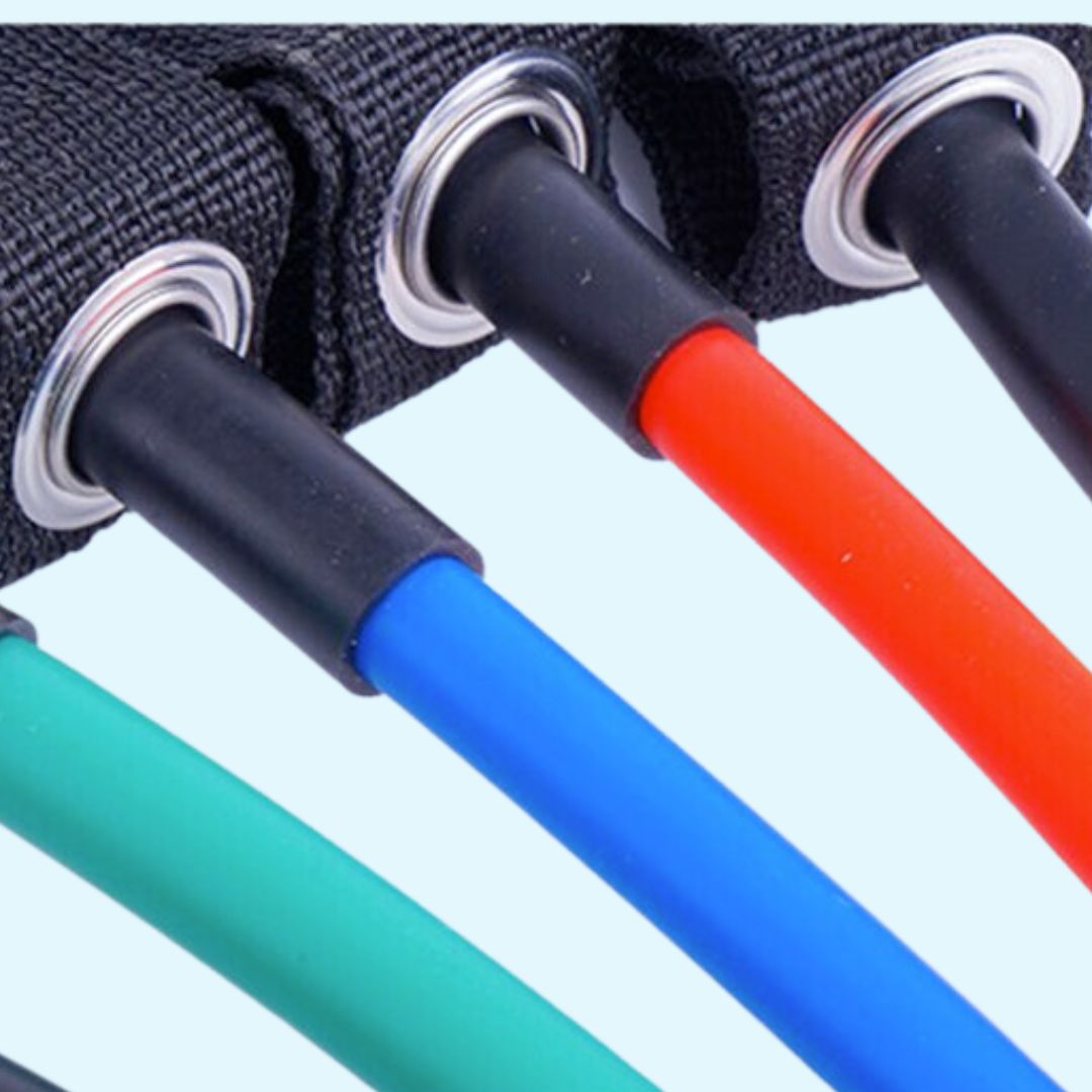11-piece stackable latex resistance bands set with door anchor and ankle straps