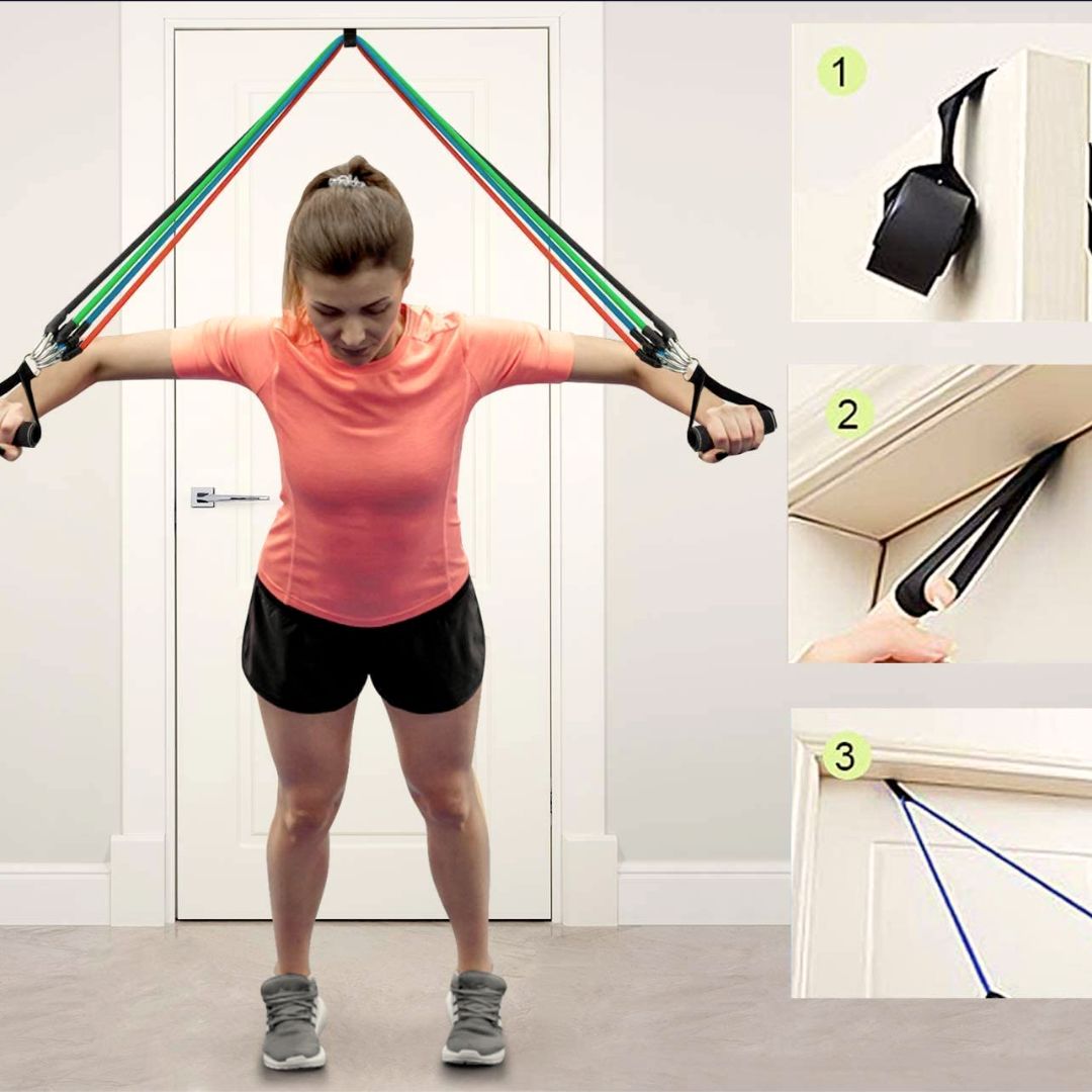 11-piece stackable latex resistance bands set with door anchor and ankle straps