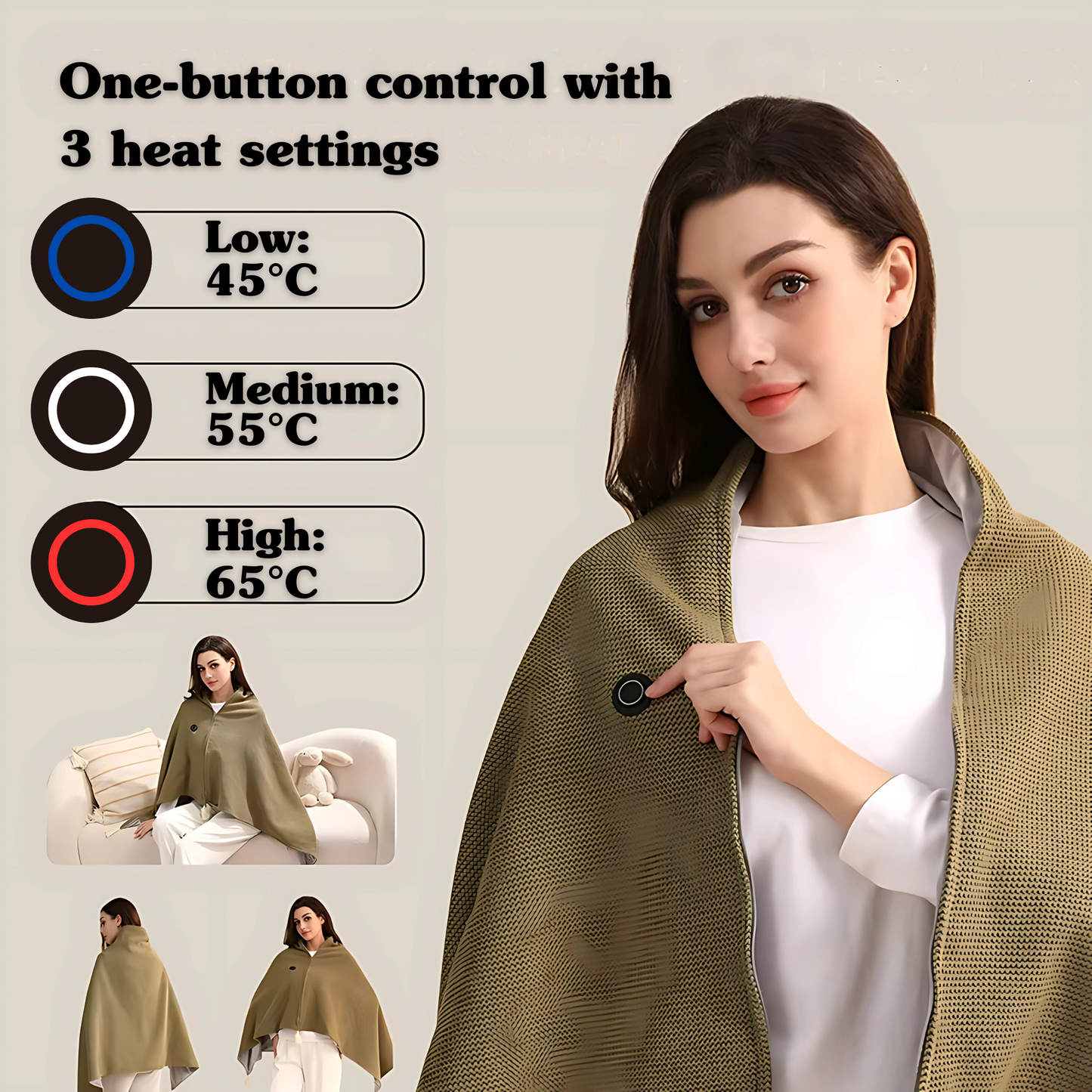 Cordless USB heated shawl wearable heat wrap for shoulders and back