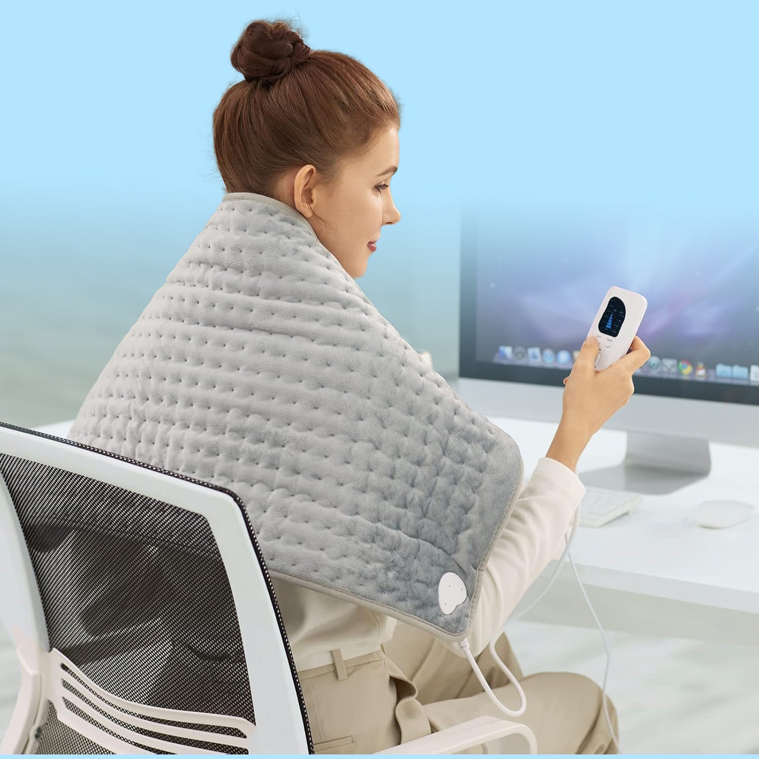 Electric heating pad with remote control for back, neck, and shoulder heat therapy