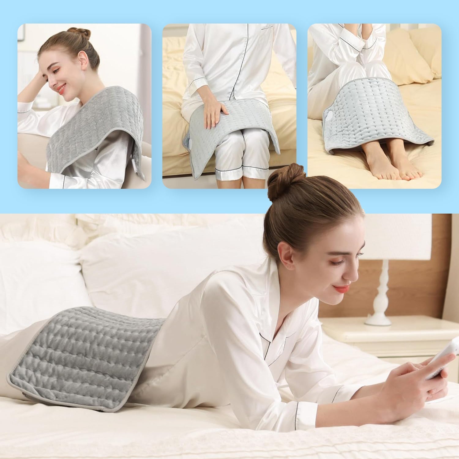 Electric heating pad with remote control for back, neck, and shoulder heat therapy