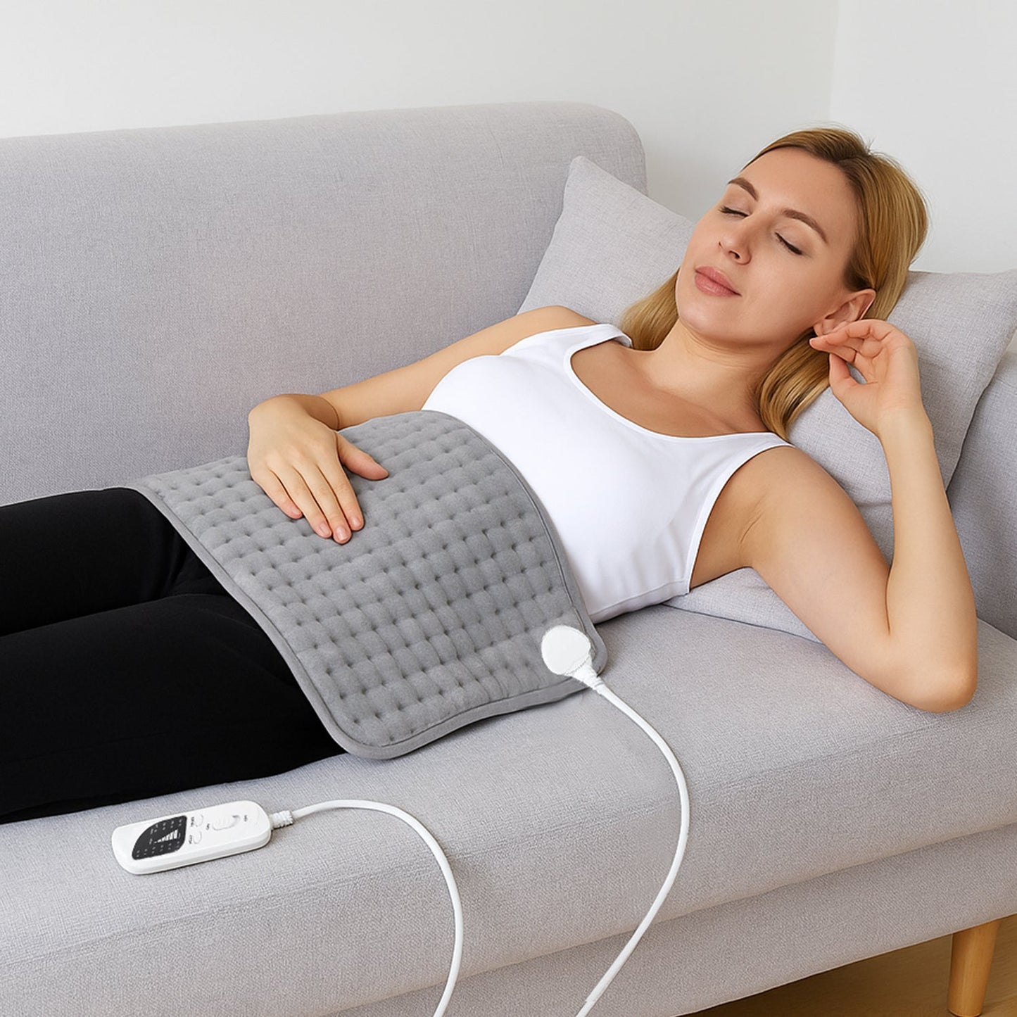 Electric heating pad with remote control for back, neck, and shoulder heat therapy