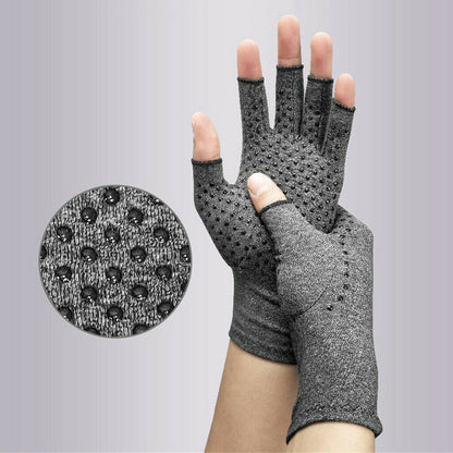 Heated open-finger compression gloves for arthritis and stiff hands