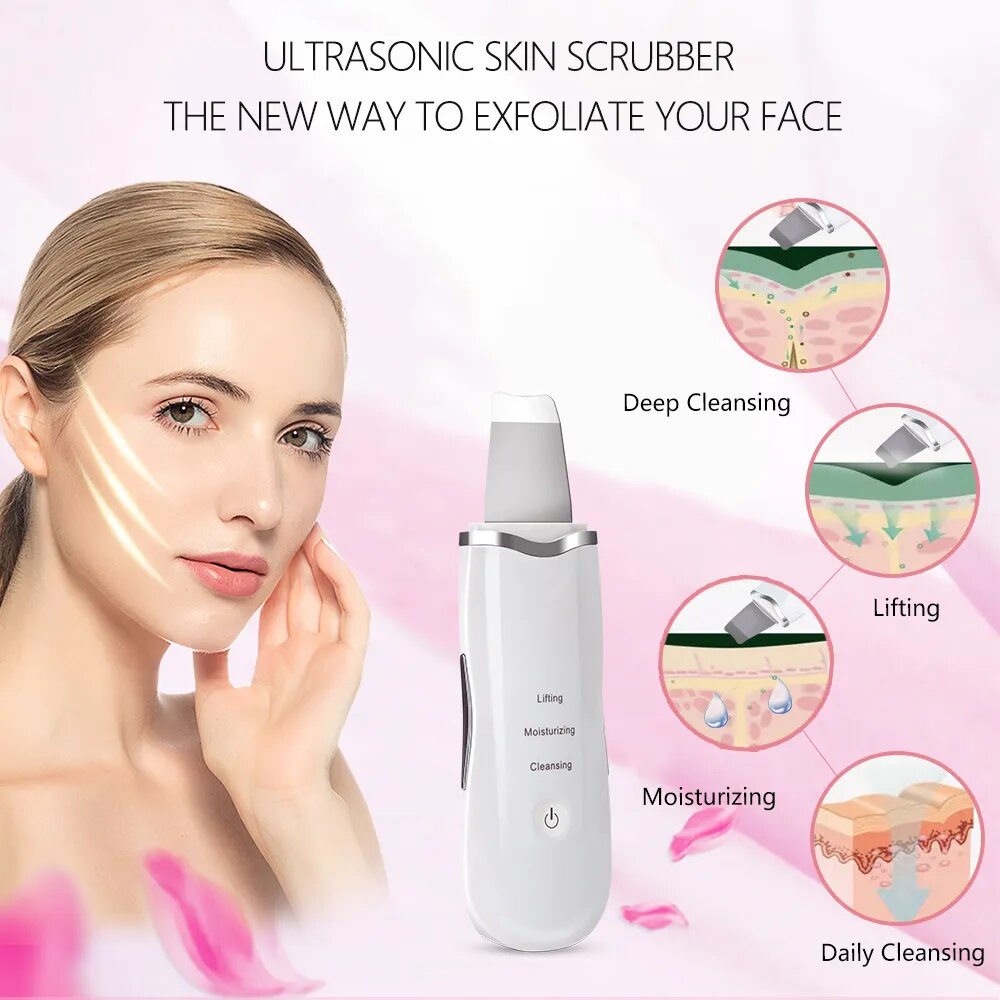 Ultrasonic facial skin scrubber spatula for pore cleansing