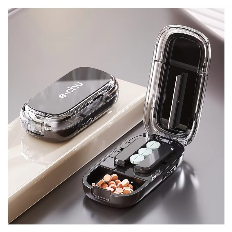 Adjustable quartering pill cutter with storage compartments box