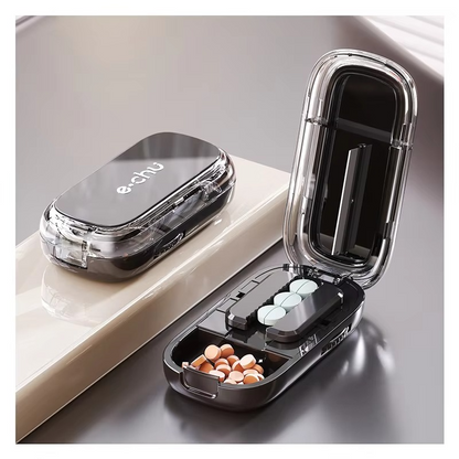 Adjustable quartering pill cutter with storage compartments box