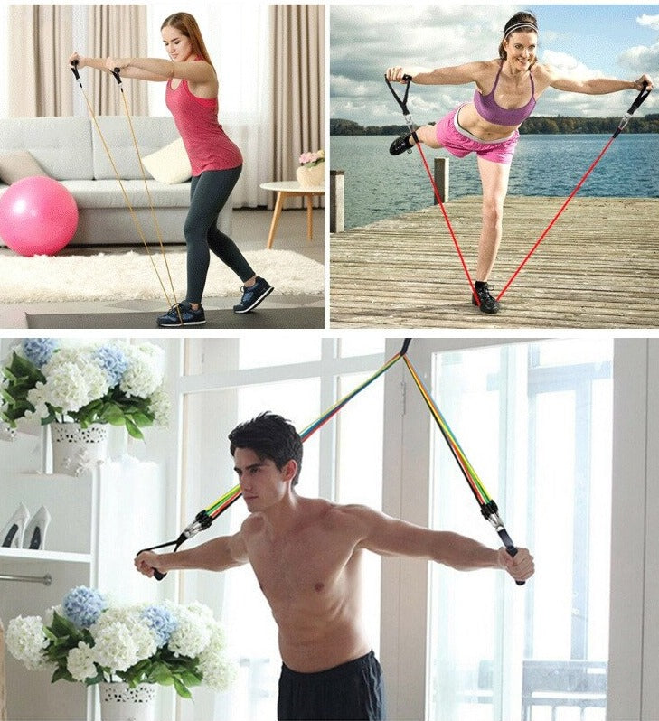 11-piece stackable latex resistance bands set with door anchor and ankle straps