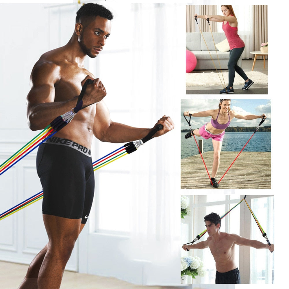 11-piece stackable latex resistance bands set with door anchor and ankle straps