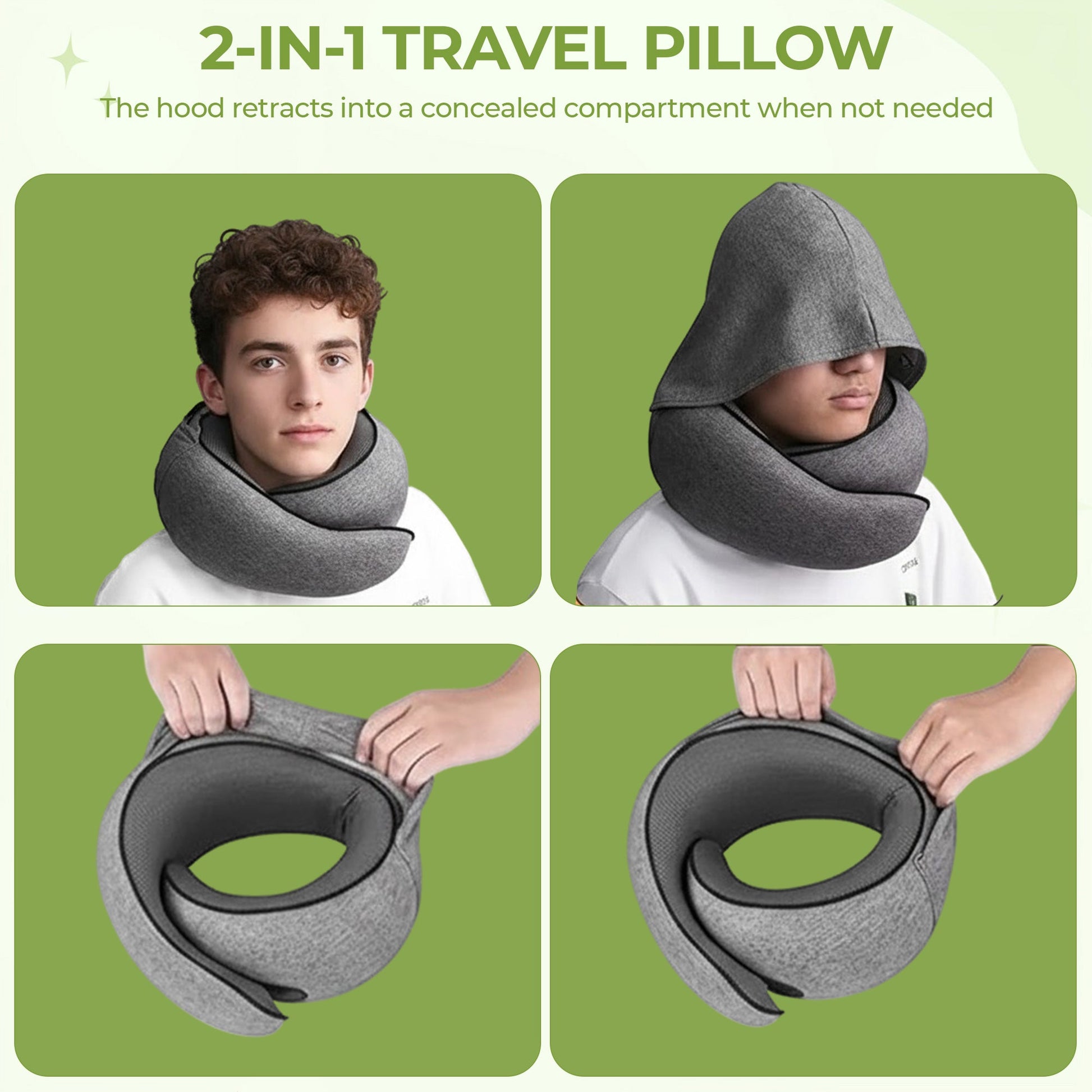 Hooded travel neck pillow memory foam for long flights