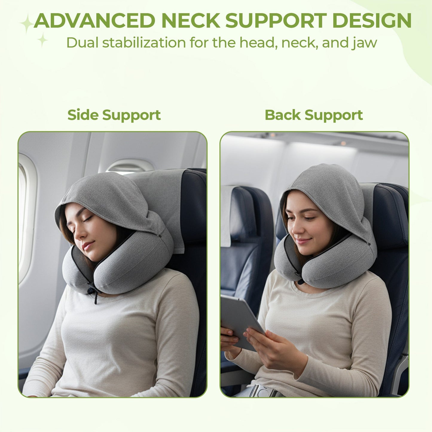 Hooded travel neck pillow memory foam for long flights