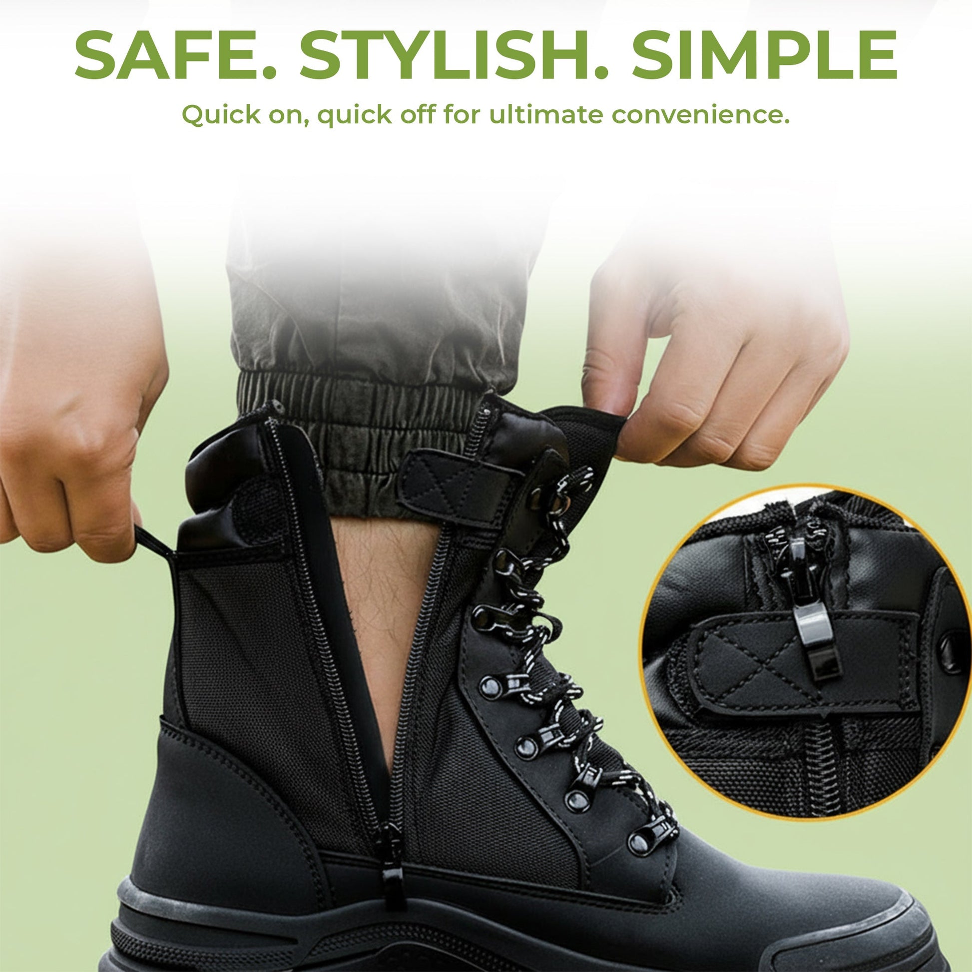 Zip-side safety work boots durable steel toe