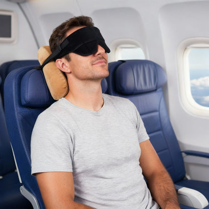 Easy-hold travel pillow with sleep mask for flights
