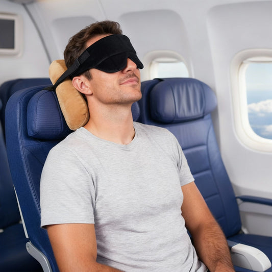 Easy-hold travel pillow with sleep mask for flights