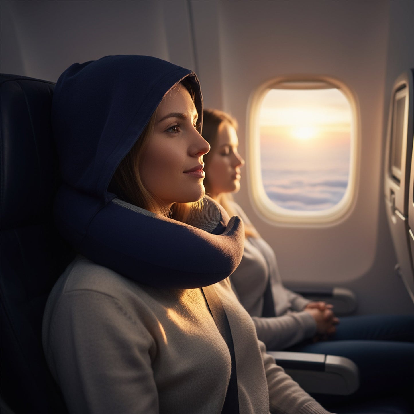 Hooded travel neck pillow memory foam for long flights