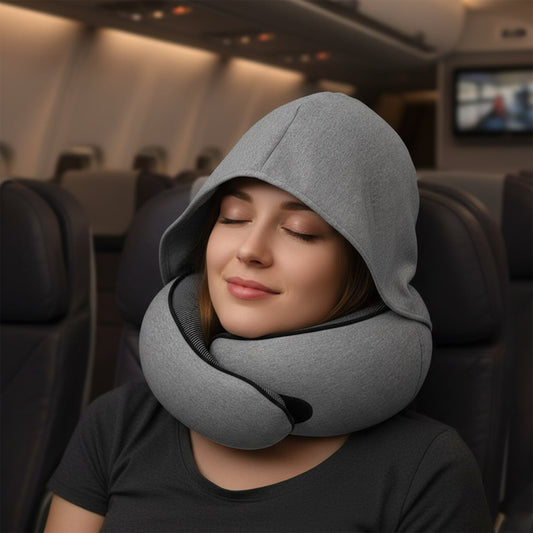 Hooded travel neck pillow memory foam for long flights