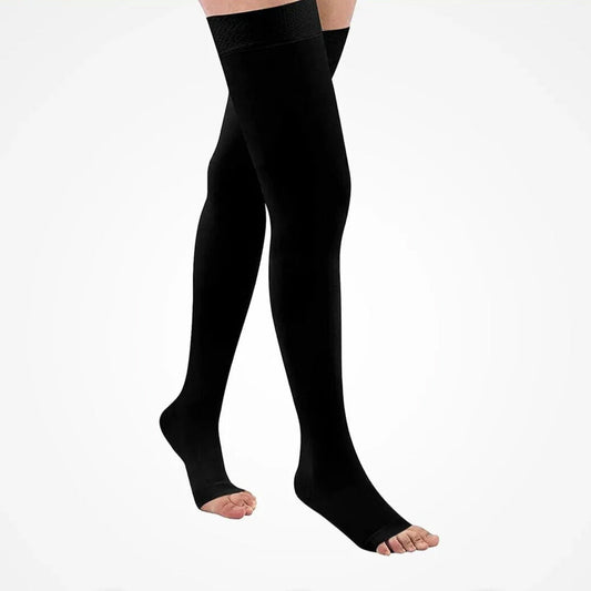 Thigh-high medical-grade compression stockings for edema and varicose