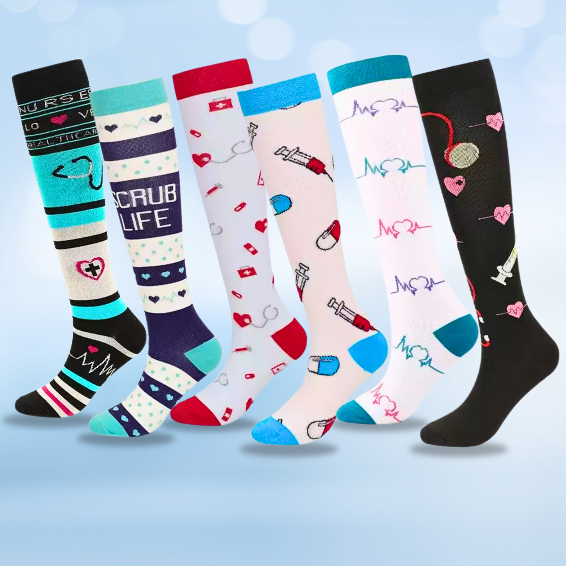 Fun-patterned 20-30mmHg knee-high compression socks pair
