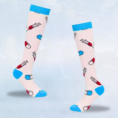 Fun-patterned 20-30mmHg knee-high compression socks pair