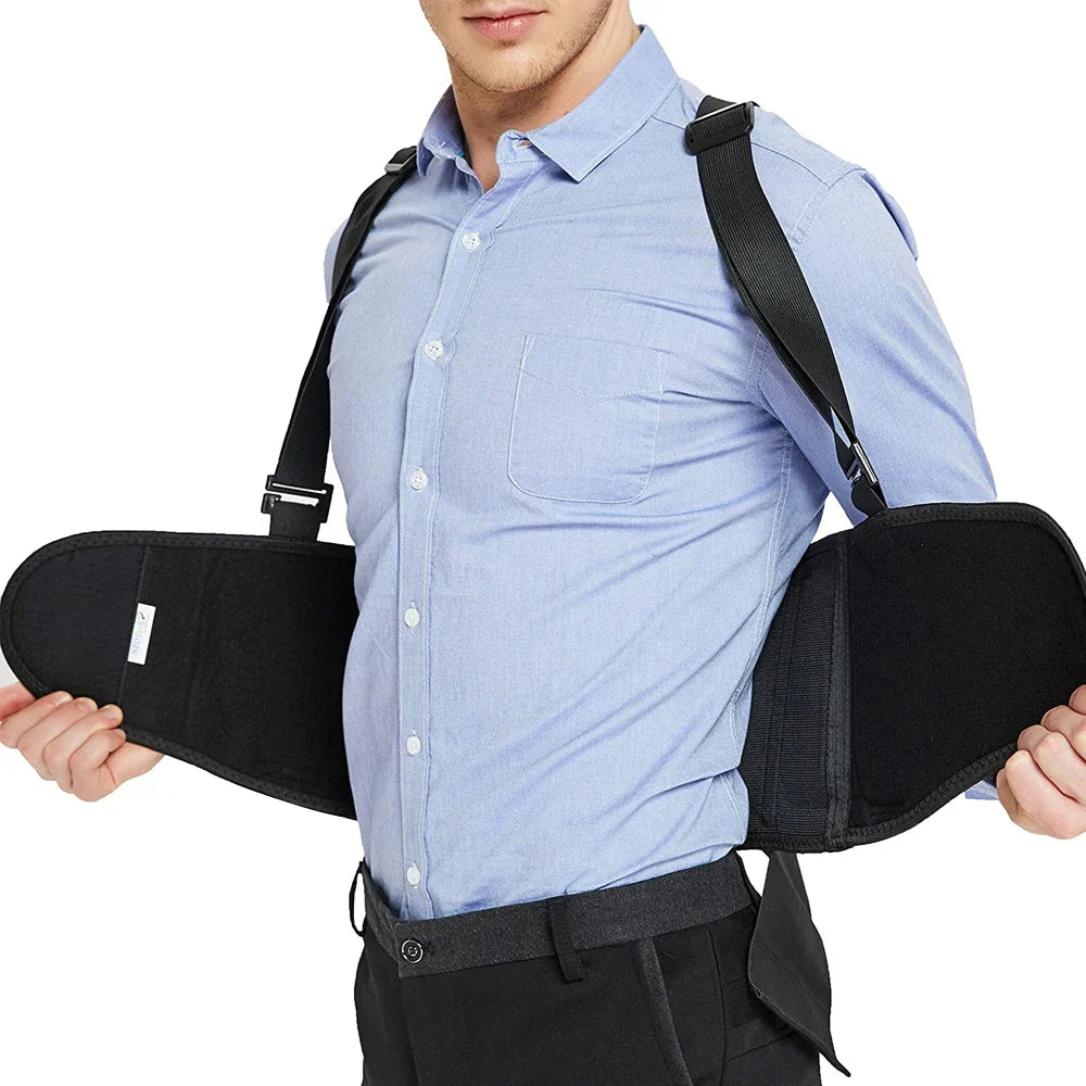 Heavy-lifting support belt with shoulder straps for lumbar protection
