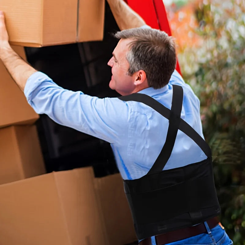 Heavy-lifting support belt with shoulder straps for lumbar protection