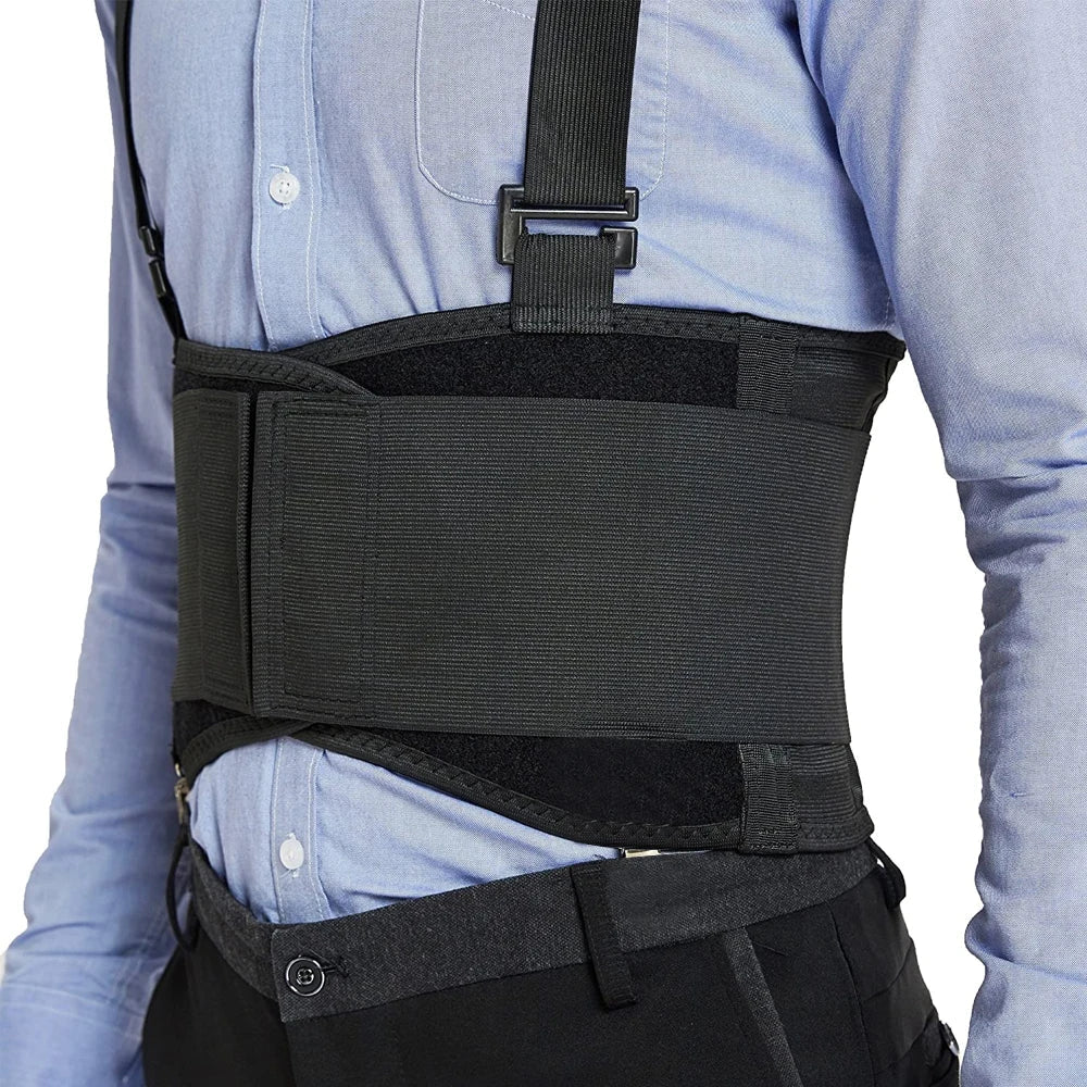 Heavy-lifting support belt with shoulder straps for lumbar protection