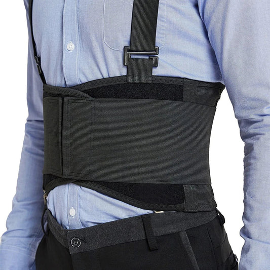 Heavy-lifting support belt with shoulder straps for lumbar protection