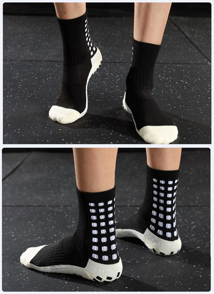 Mid-calf anti-slip grip socks with traction pads for soccer and basketball