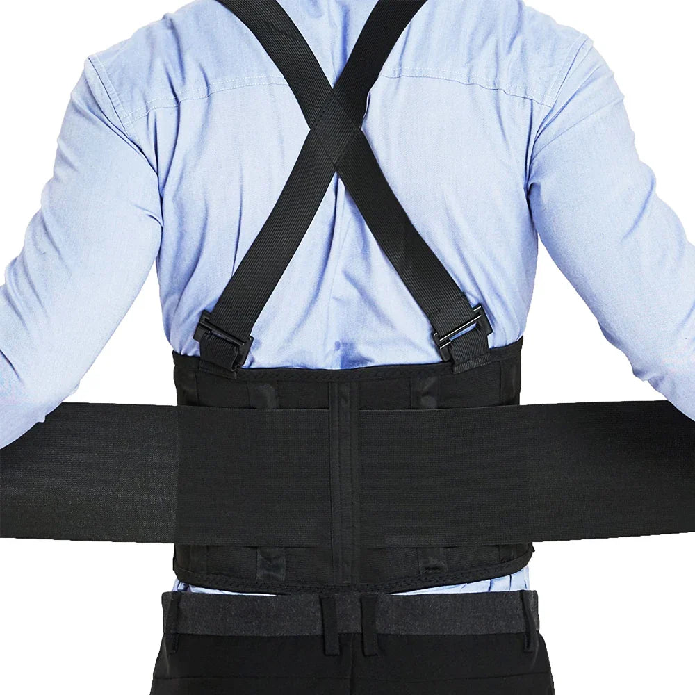 Heavy-lifting support belt with shoulder straps for lumbar protection