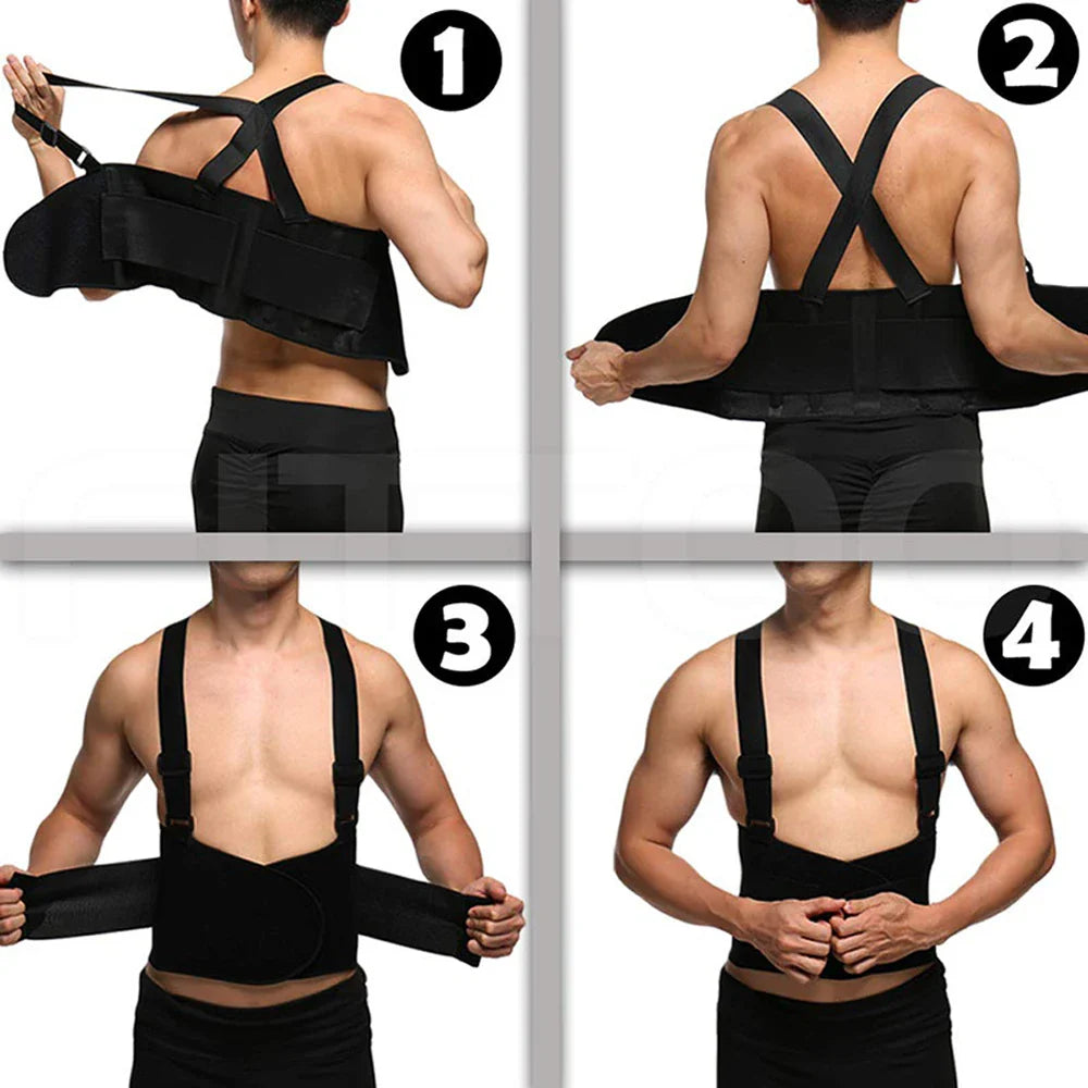 Heavy-lifting support belt with shoulder straps for lumbar protection