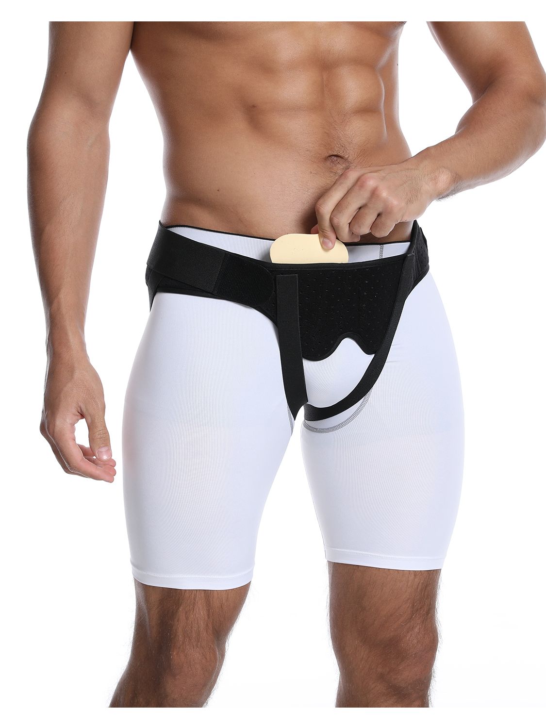 Adjustable inguinal hernia support belt with removable compression pads