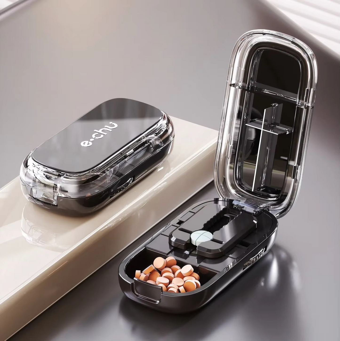 Adjustable quartering pill cutter with storage compartments box