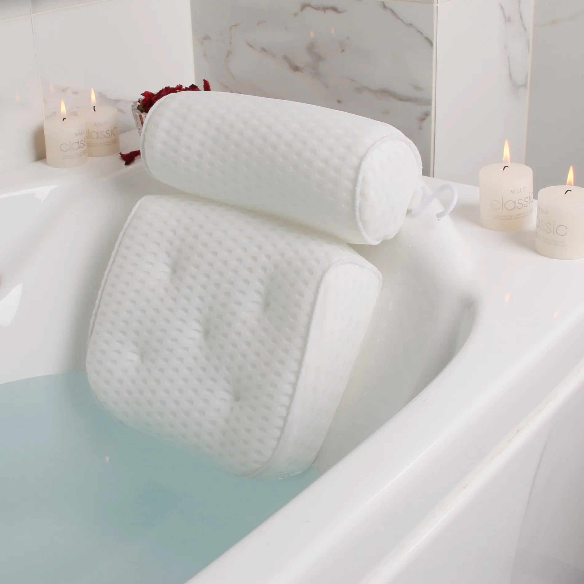 Orthopedic 4D mesh bath pillow for neck and back support in tub