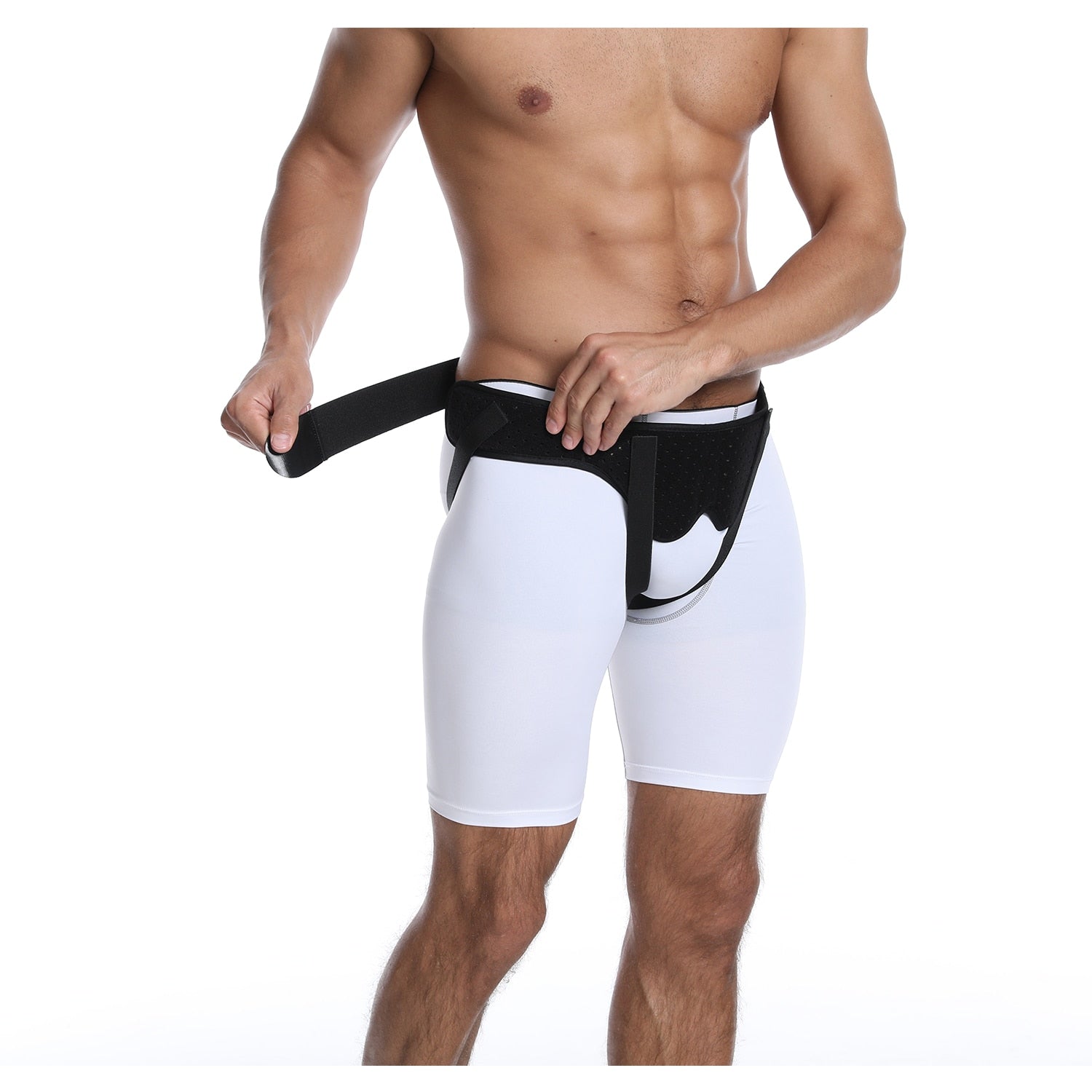 Adjustable inguinal hernia support belt with removable compression pads