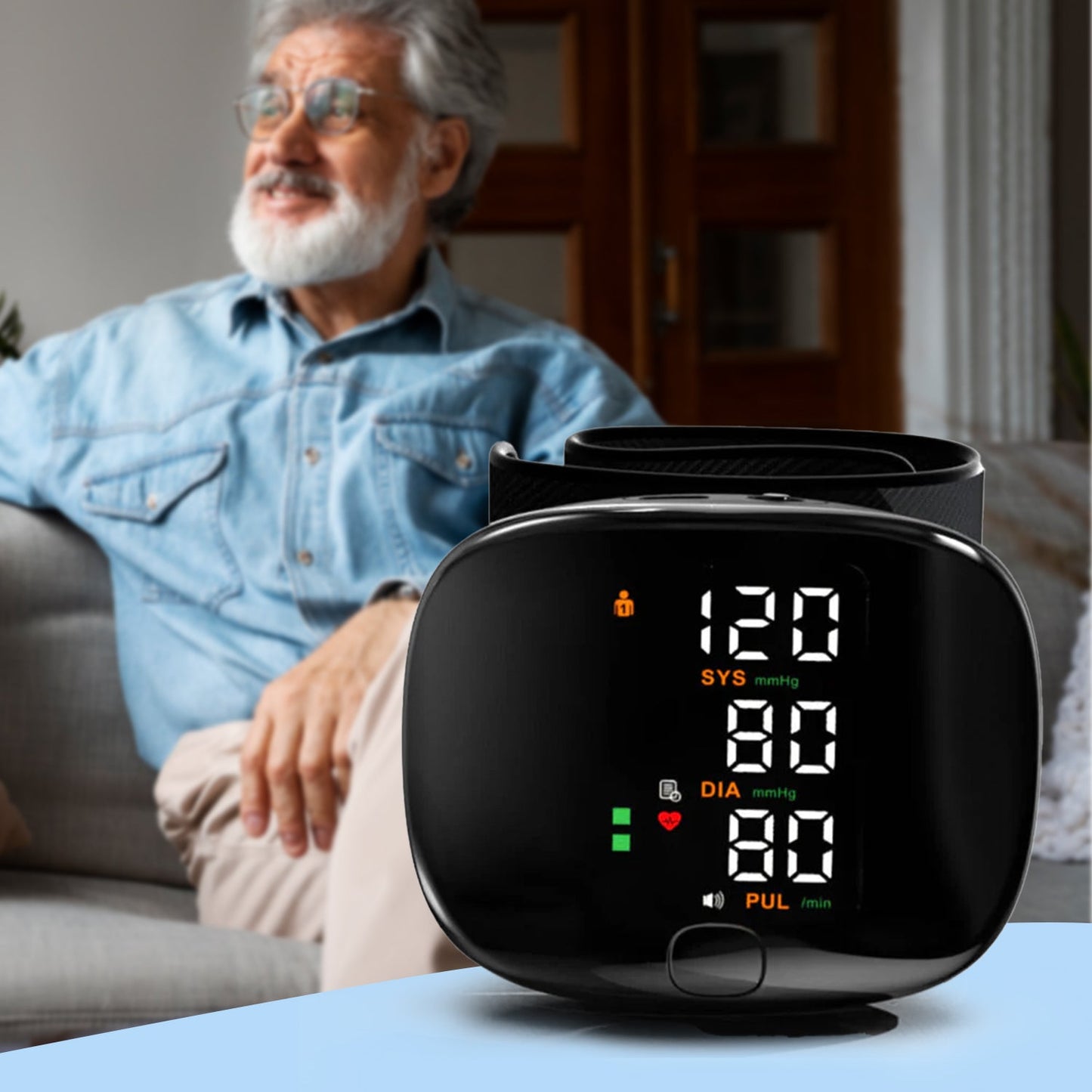 Rechargeable digital wrist blood pressure monitor with backlit LCD