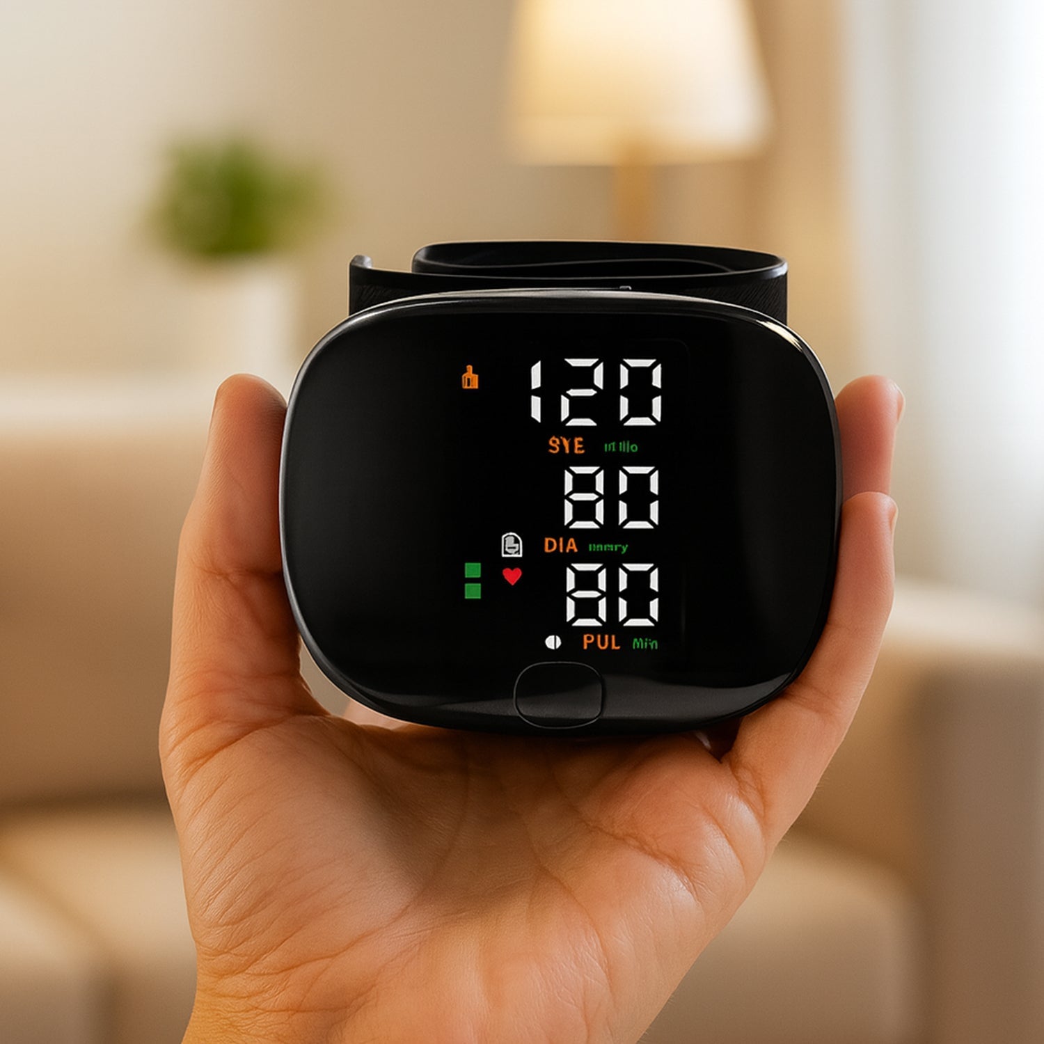 Rechargeable digital wrist blood pressure monitor with backlit LCD
