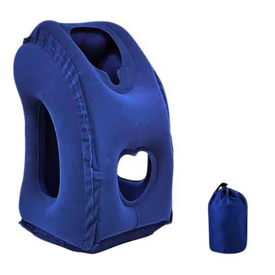 Forward-facing inflatable travel pillow for long-haul flight sleep