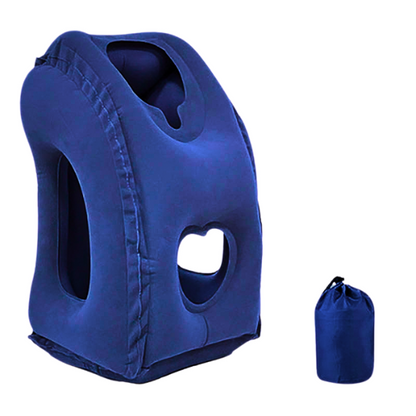 Forward-facing inflatable travel pillow for long-haul flight sleep