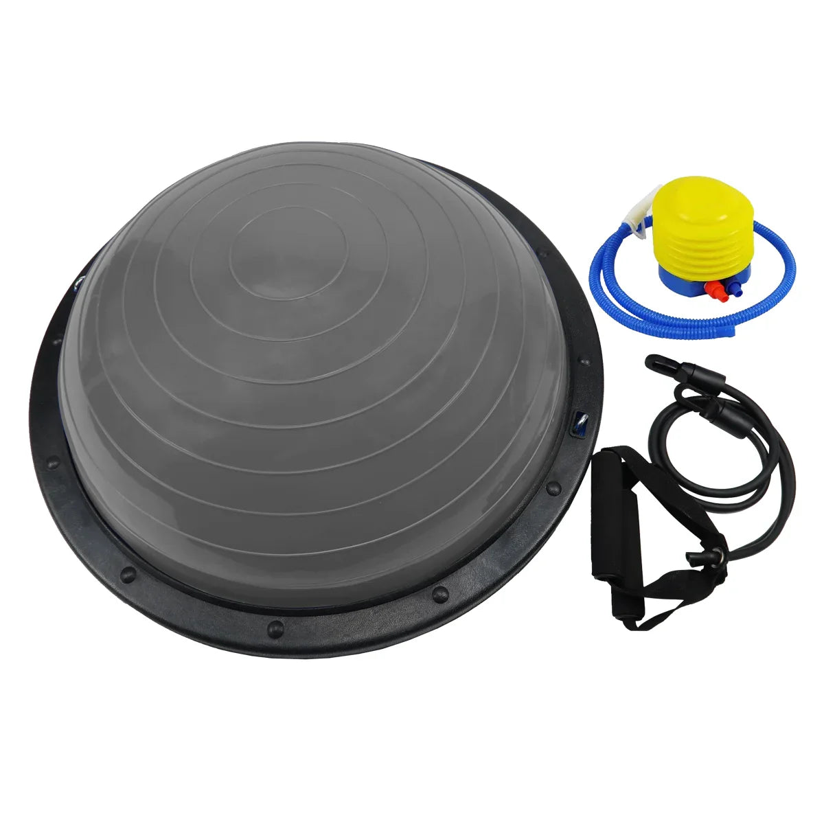 Half-ball balance trainer with resistance bands for yoga and stability
