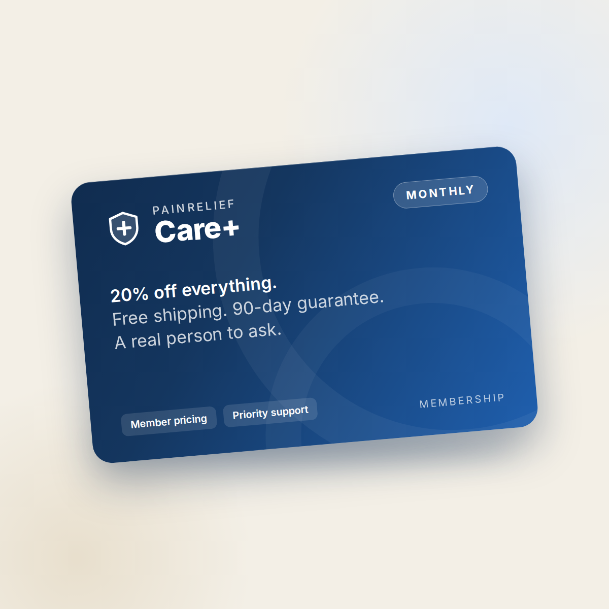 PainRelief Care+ monthly membership card