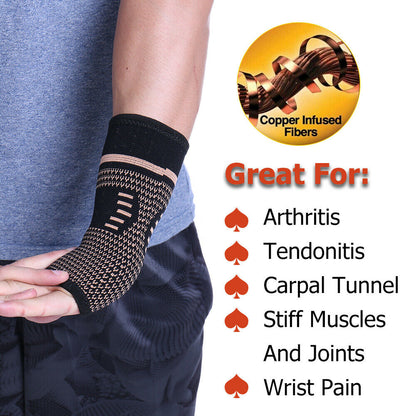 Copper-infused wrist compression sleeve for carpal tunnel and tendonitis