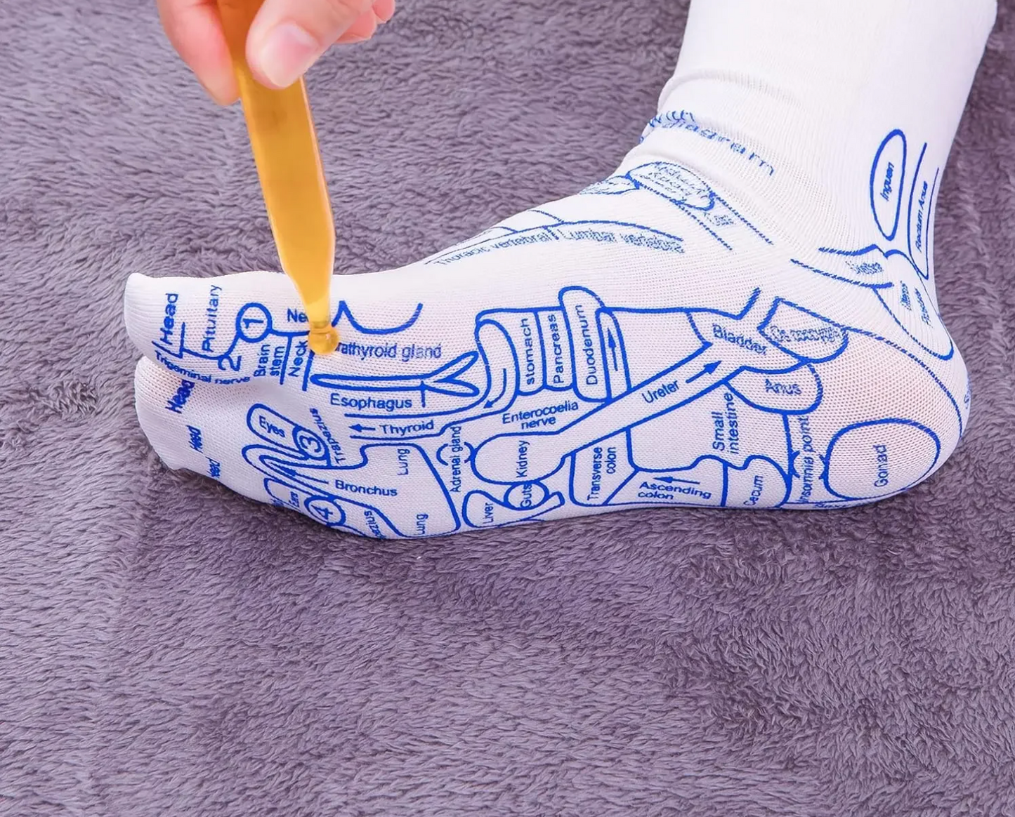 Reflexology acupressure socks with foot pressure point map