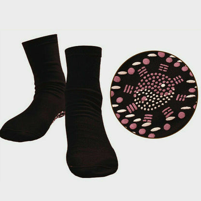Self-heating magnetic compression socks for circulation and cold feet support