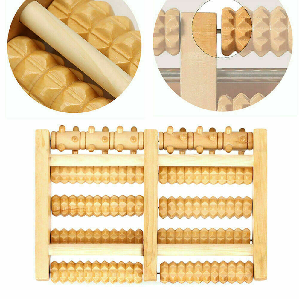 Wooden 5-track reflexology foot roller for plantar fasciitis and arch pain