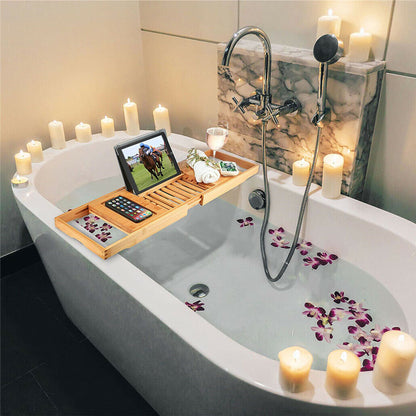 Expandable bamboo bath caddy tray with book stand and wine slot